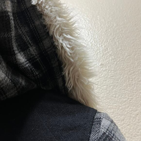 Billabong Coat Black Gray Plaid Wool Blend Faux Fur Hooded Jacket Sz S - Picture 8 of 12